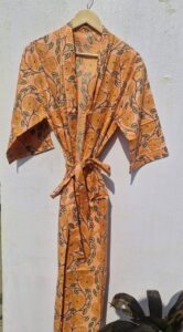 Free Size Ankle Length Cotton Kimono for Women – Floral 3/4 Sleeve Robe